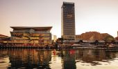 Sun setting over the International Convention Centre (ICC) and Sofitel Darling Harbour, Sydney